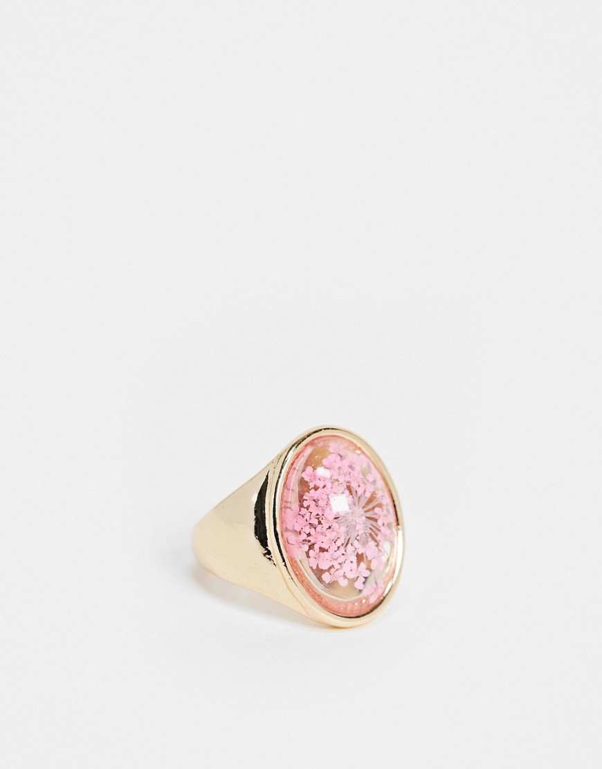 ASOS DESIGN ring with trapped flower in gold tone