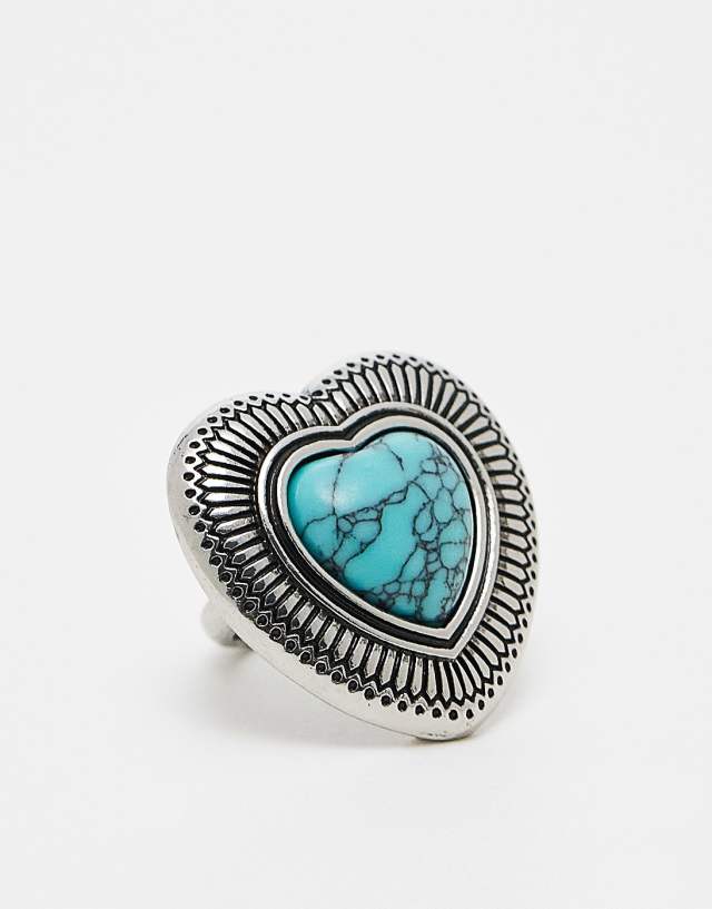 ASOS DESIGN - ring with turquoise semi precious style heart stone in silver tone