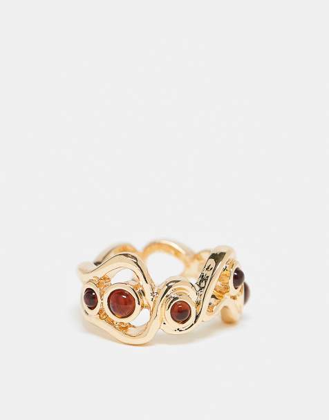 ASOS DESIGN ring with wavy design and faux-amber stone settings in gold tone - view 1
