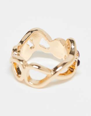 Asos Design Ring With Wavy Design And Faux-amber Stone Settings In Gold