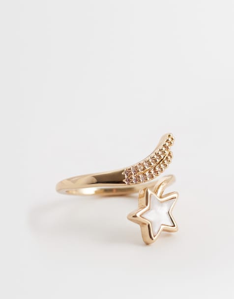 ASOS DESIGN ring with wrap around detail in gold tone with white enamel star - view 1