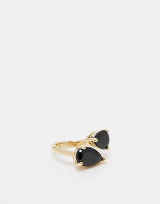 ASOS DESIGN ring with wraparound black crystal design in gold tone