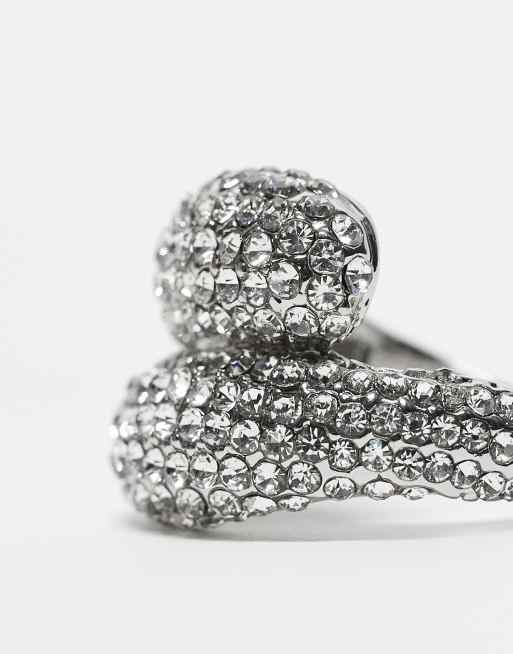 ASOS DESIGN ring with wraparound design and micro pave crystal in silver tone, 2 of 3