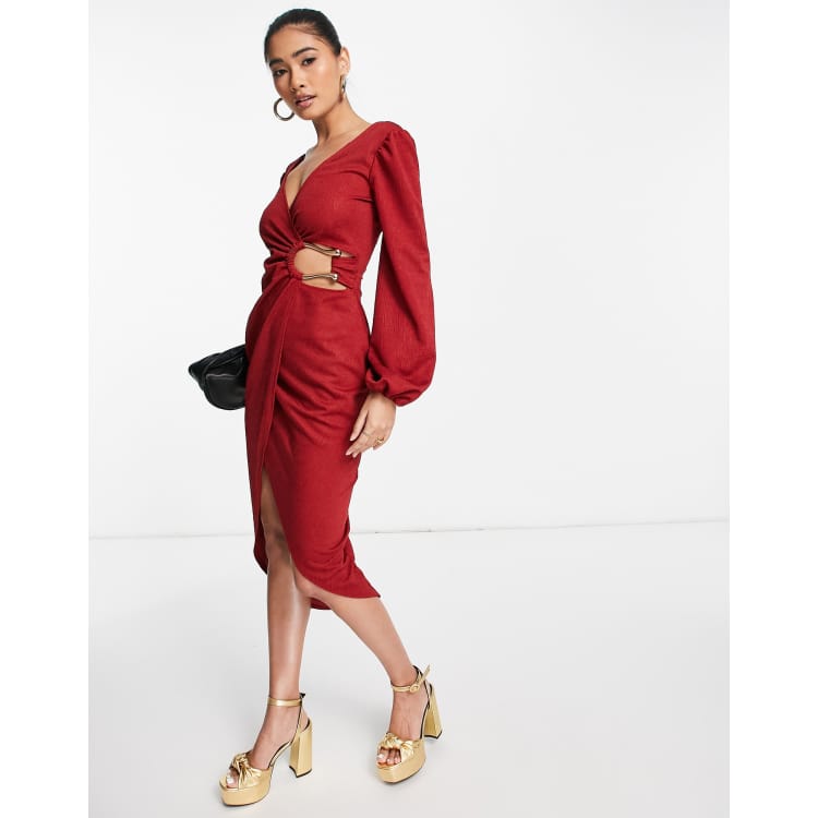 ASOS DESIGN ring wrap long sleeve midi dress in red