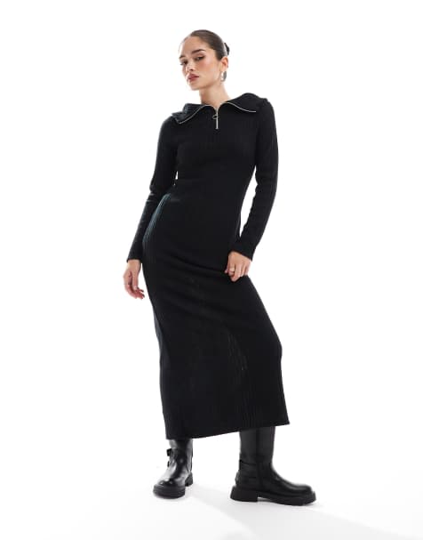 ASOS DESIGN ring zip bruched rib midi dress in charcoal - view 1