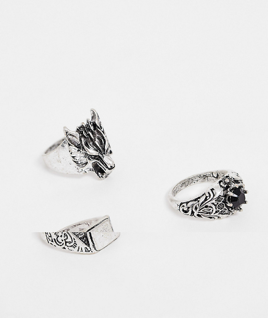 ASOS DESIGN – Ringar i flerpack av bränt silver med detaljer