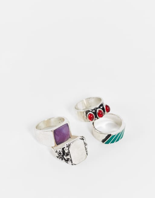 ASOS DESIGN – Ringar i mixade vintagestilar med strass och färgad emaljering, 4-pack 