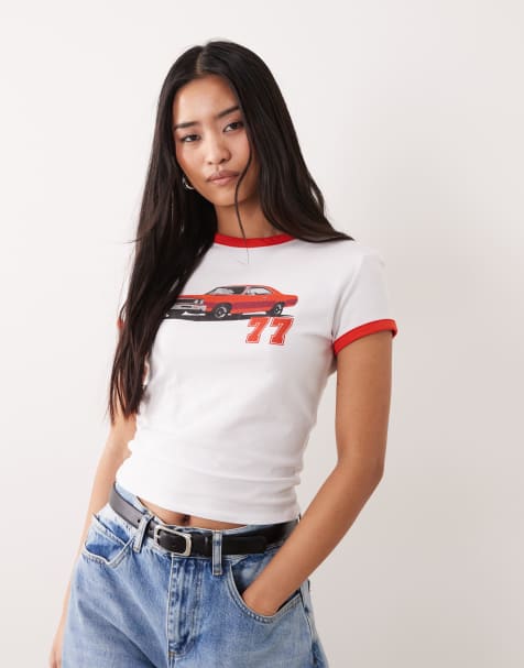 ASOS DESIGN - Ringer baby T-shirt met car 77 auto-print in wit en rood - view 1