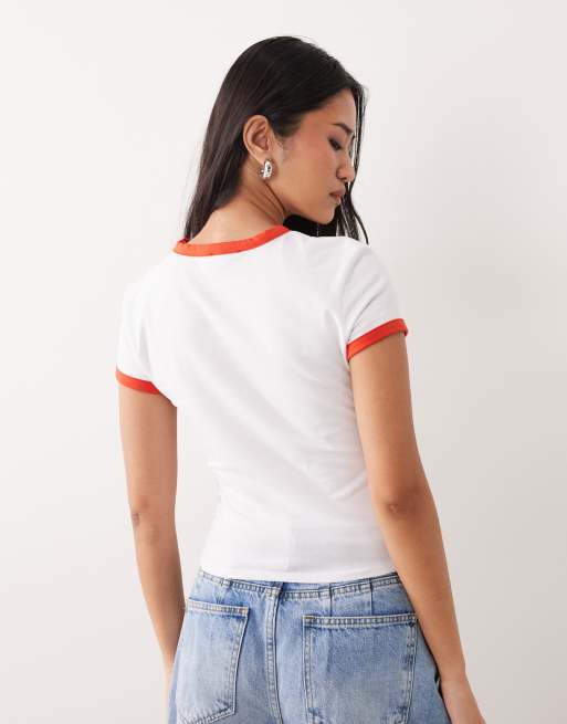ASOS DESIGN Ringer baby tee with 77 car graphic in white and red, 4 of 4