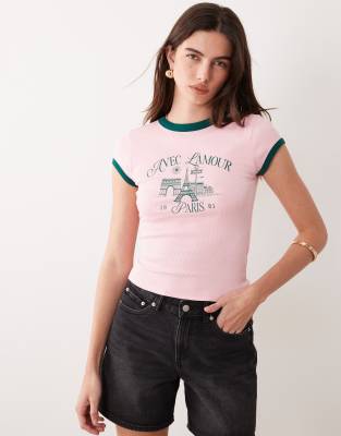 Asos Design Ringer Baby Tee With Avec L'amour Paris Graphic In Pink
