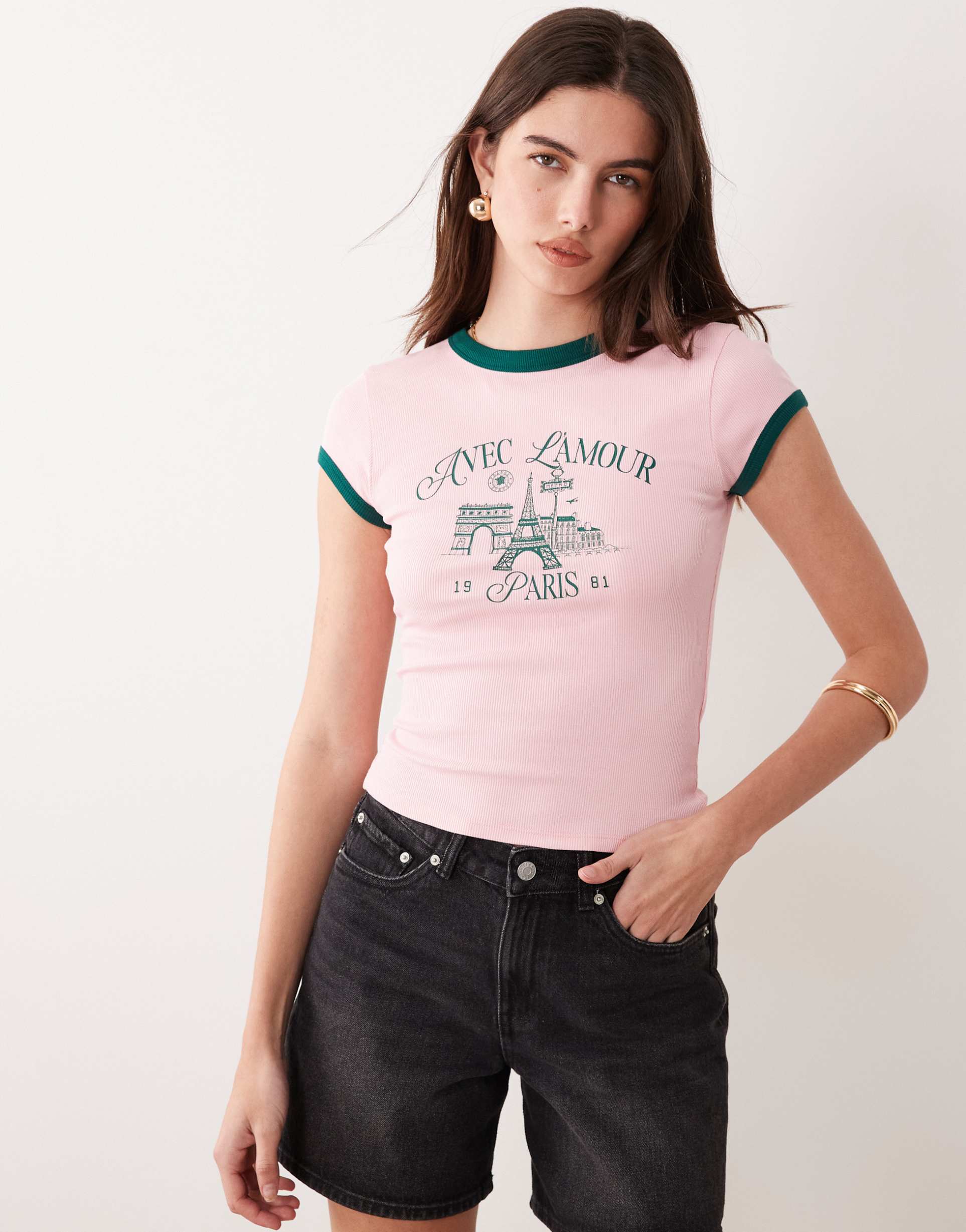 asos design ringer baby tee with avec l'amour paris graphic in pink