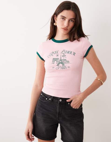 ASOS DESIGN ringer baby tee with L'Amour Paris graphic in pink - view 1