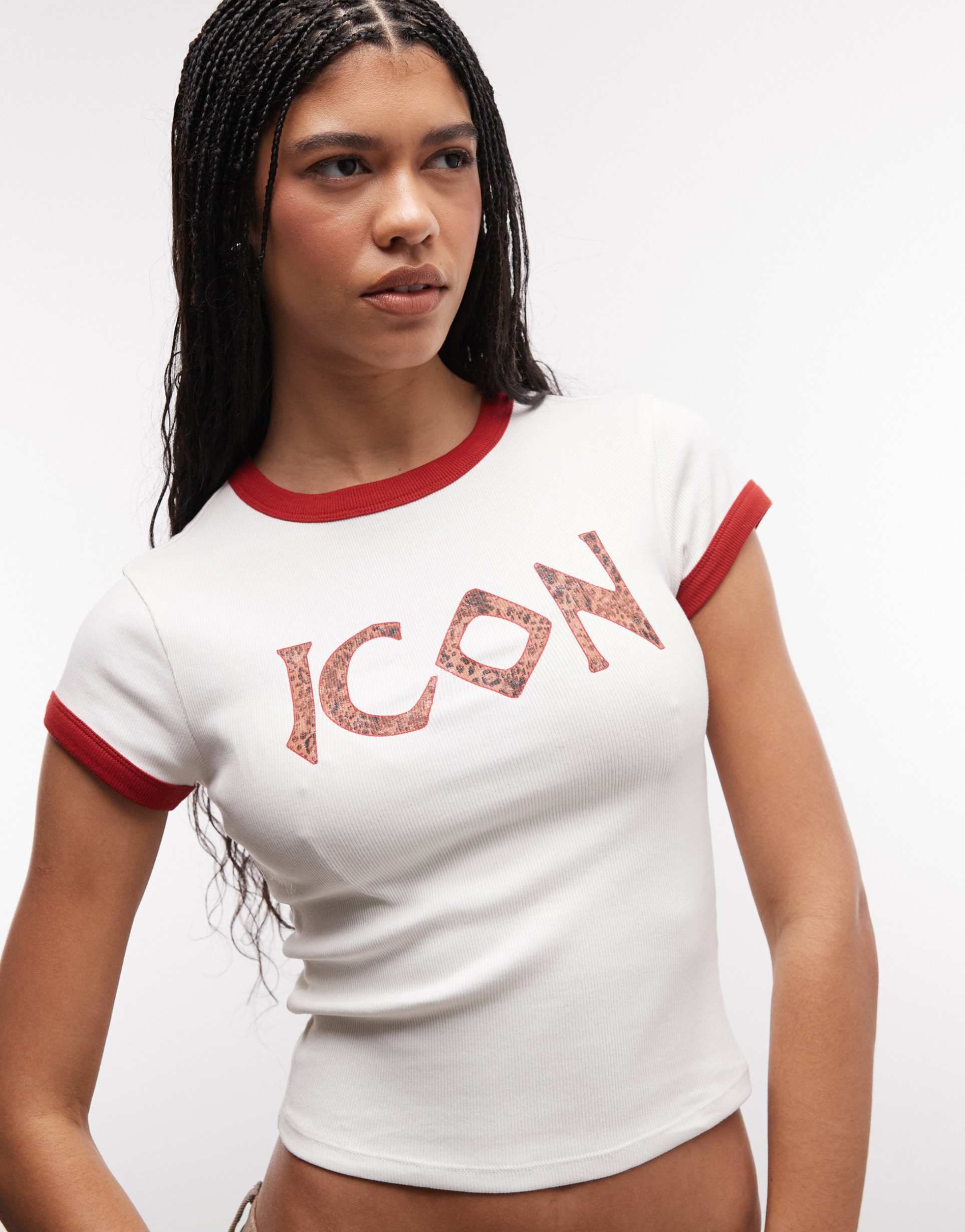 asos design ringer baby tee with leopard icon slogan in white