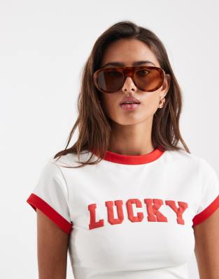 Asos Design Ringer Baby Tee With Lucky Slogan In White