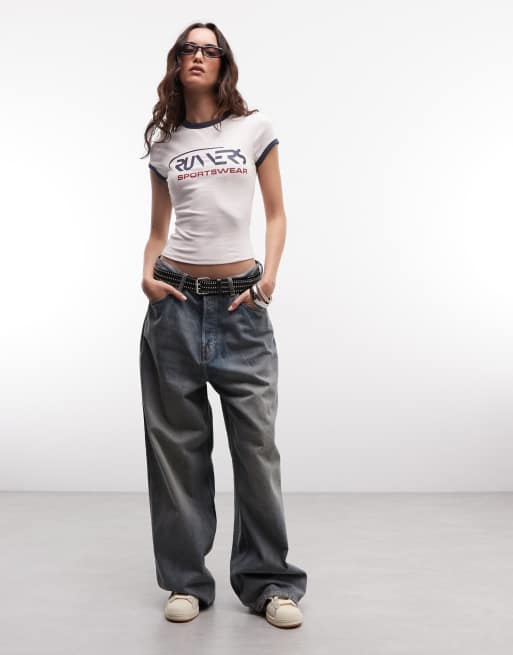 ASOS DESIGN ringer baby tee with runners sportswear graphic in off white, 2 of 4