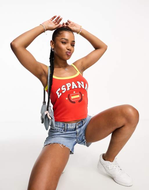 ASOS DESIGN ringer cami top with espana graphic and yellow binding in red