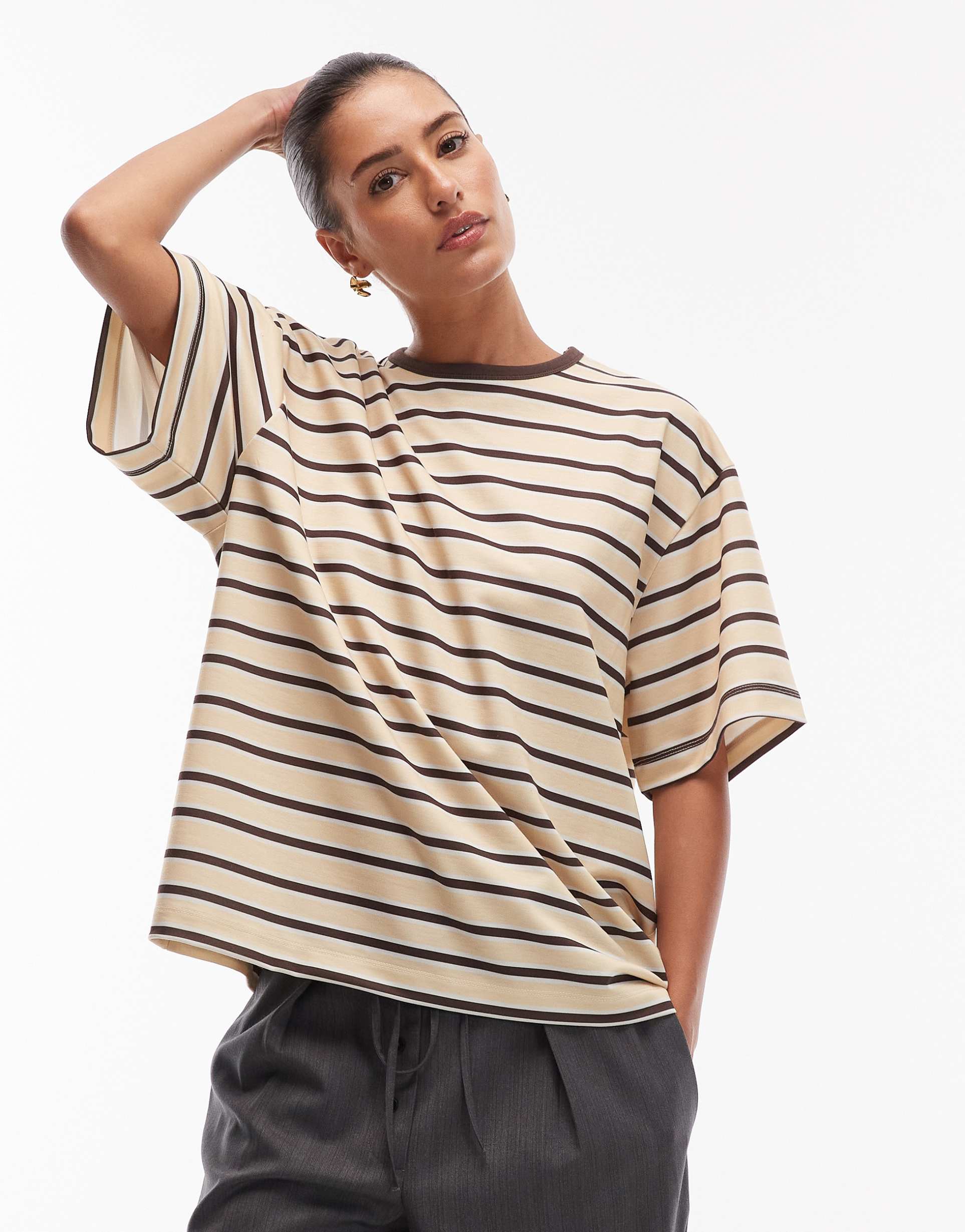 asos design ringer oversized tee in neutral stripes