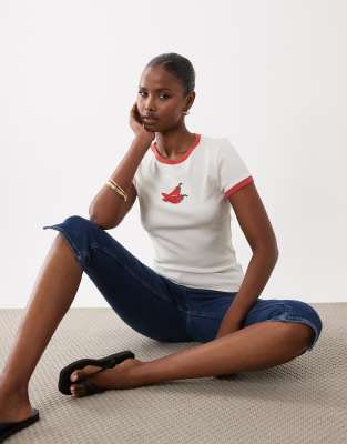 ASOS DESIGN ringer rib baby tee with chilli beaded graphic in white