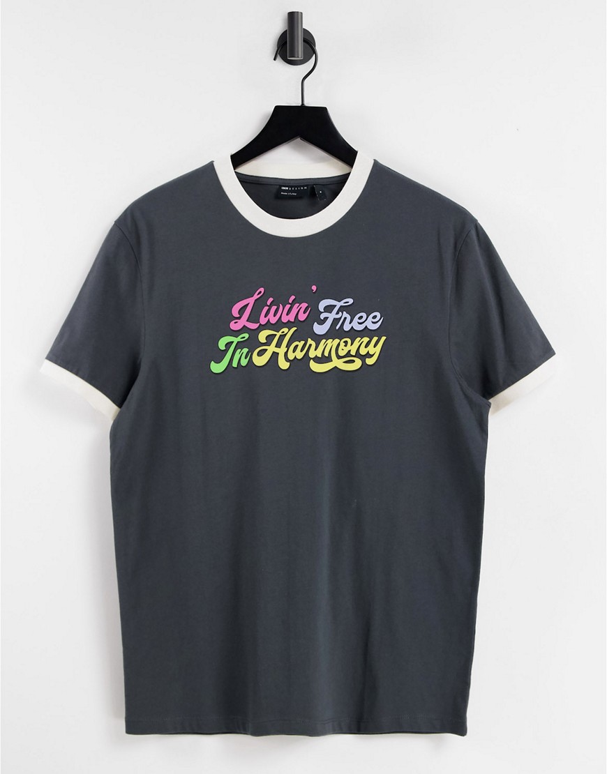 ASOS DESIGN ringer T-shirt in gray with retro text print-Grey
