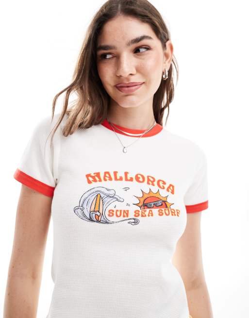 ASOS DESIGN - Ringer T-shirt van wafelstof met grafische Mallorca-print in crème