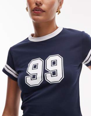 Asos Design Ringer Tee With 99 Graphic In Blue