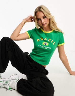 ASOS DESIGN ringer tee with brazil graphic with yellow binding in green