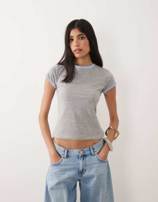 ASOS DESIGN ringer tee with open back keyhole in grey marl and baby blue tipping, 2 of 4
