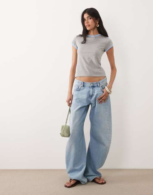 ASOS DESIGN ringer tee with open back keyhole in grey marl and baby blue tipping, 3 of 4
