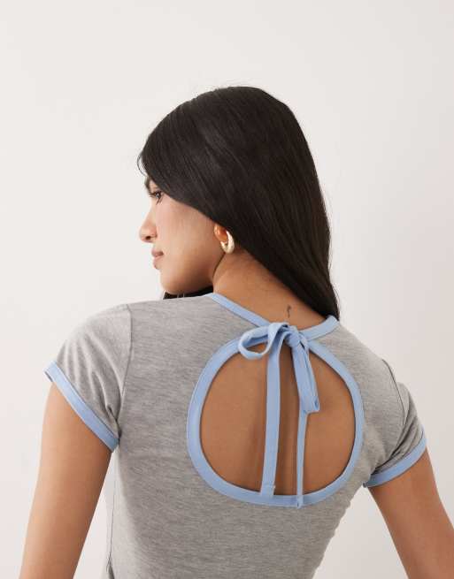 ASOS DESIGN ringer tee with open back keyhole in grey marl and baby blue tipping, 4 of 4
