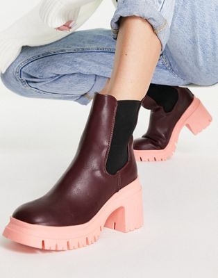 ASOS DESIGN Rio mid heeled chelsea boots in burgundy and pink