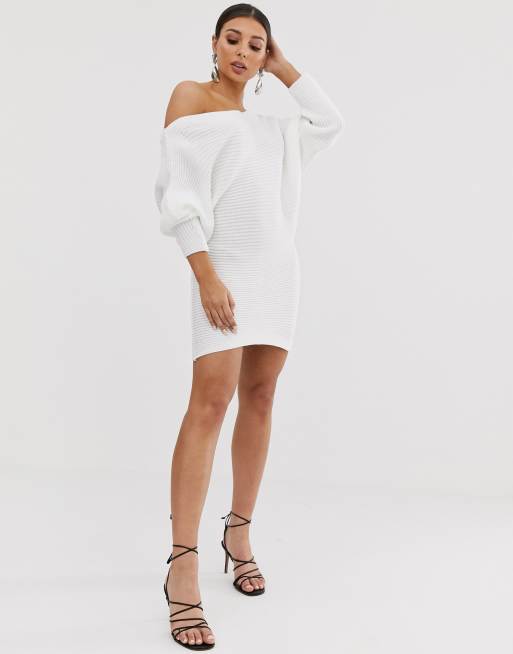 Off The Shoulder Sweater Dress in Off White