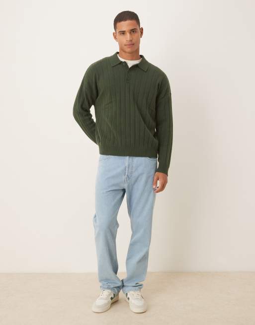 ASOS DESIGN – Rippstrick-Poloshirt aus Lammwolle in Dunkelgrün mit Oversize-Passform, 2 von 5
