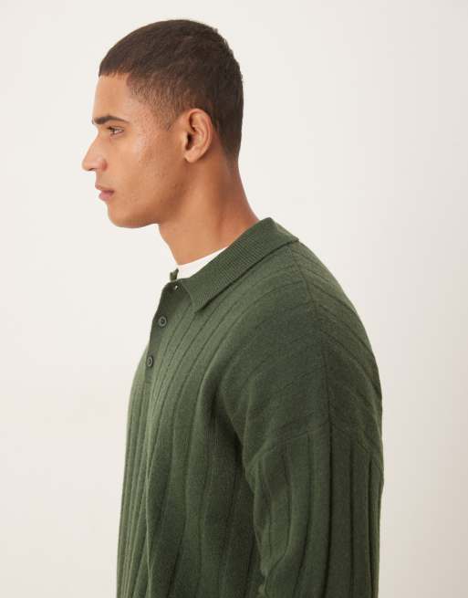 ASOS DESIGN – Rippstrick-Poloshirt aus Lammwolle in Dunkelgrün mit Oversize-Passform, 4 von 5