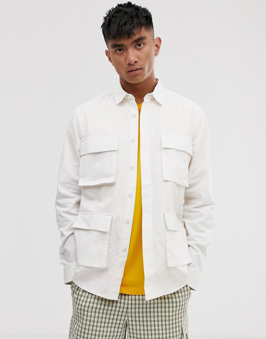 ASOS DESIGN ripstop utility overshirt with pockets in white