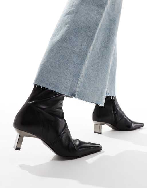 ASOS DESIGN Rise premium leather boots with metal heel detail in black