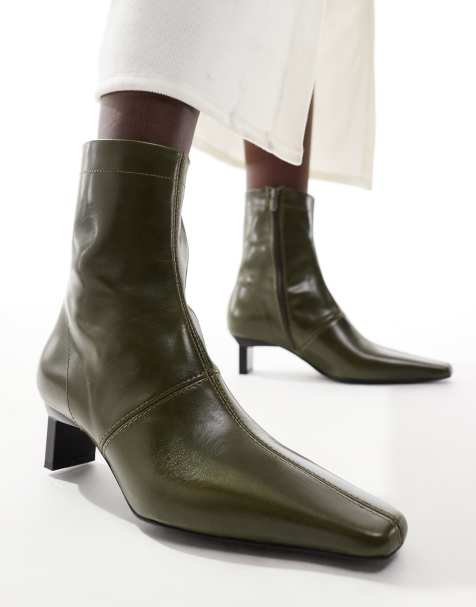 ASOS DESIGN – Rise – Premium – Olivgröna boots med metalldetalj på hälen i läder - view 1