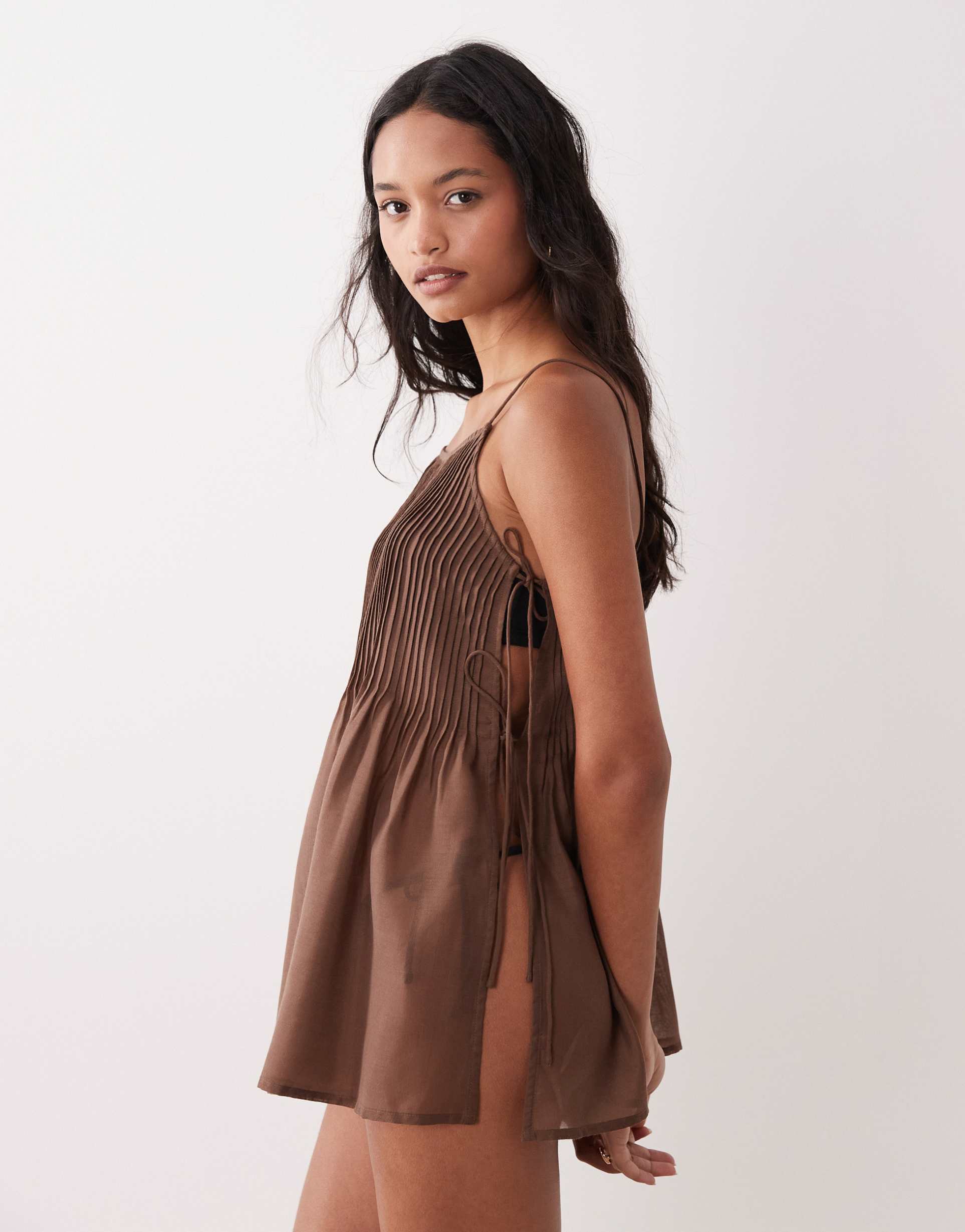 asos design rita pleated beach cover up in chocolate