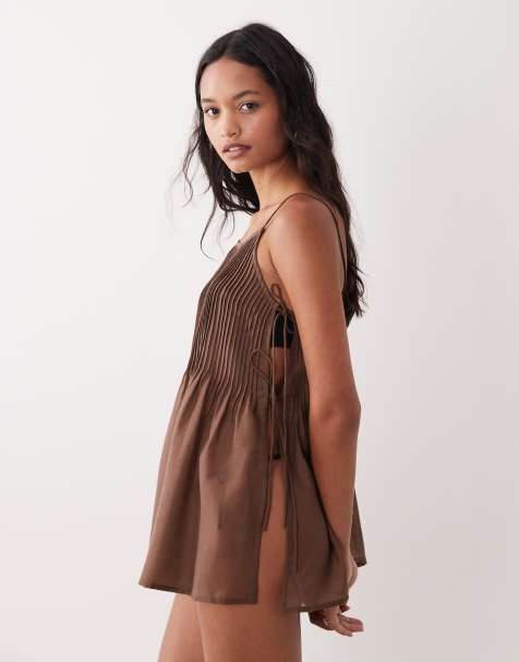 ASOS DESIGN Rita pleated beach cover up in chocolate