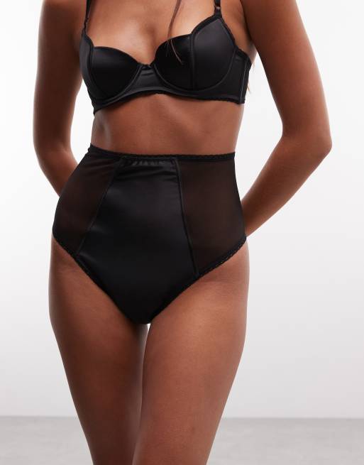 ASOS DESIGN Rita slip a vita alta in satin con inserto in rete nero, 2 di 4