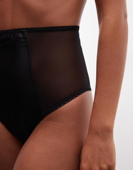 ASOS DESIGN Rita slip a vita alta in satin con inserto in rete nero, 3 di 4