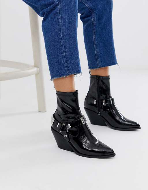 ASOS DESIGN Ritchie western harness sock boots in black patent | ASOS