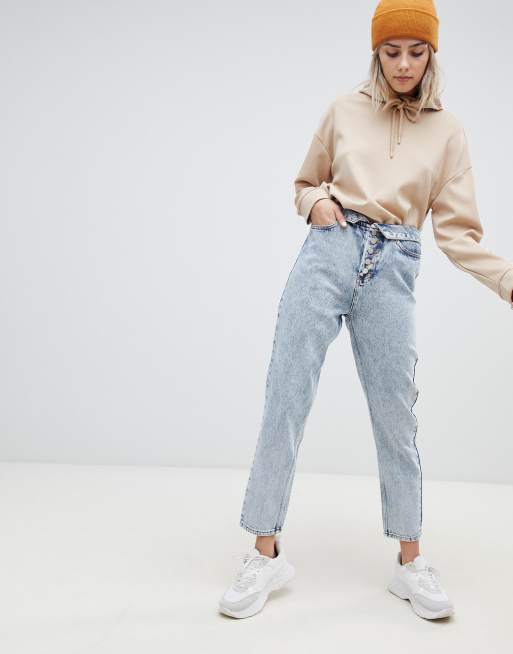 ASOS DESIGN - Ritson - Mom jeans met zichtbare gulp en omgeslagen tailleband in lichte stone wash