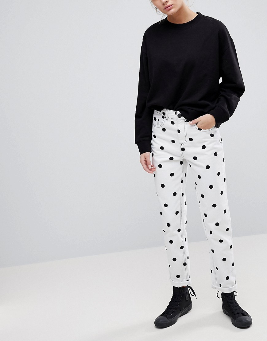 ASOS DESIGN Ritson rigid mom jeans in mono polka dot print-White