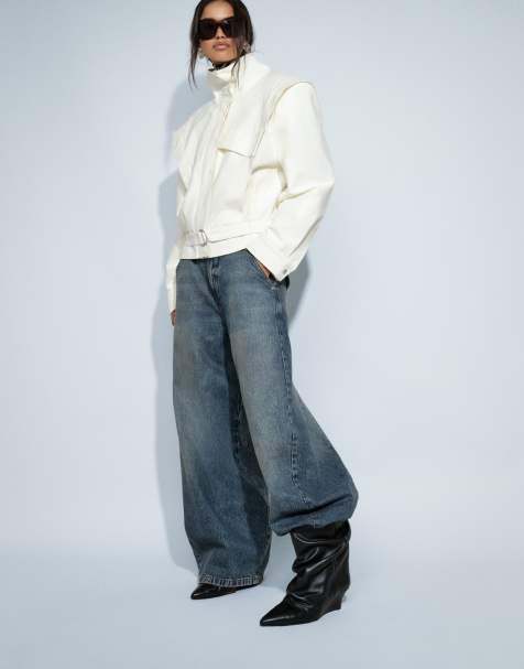 ASOS DESIGN Riven skórzane botki na koturnie slouch w czerni - view 1