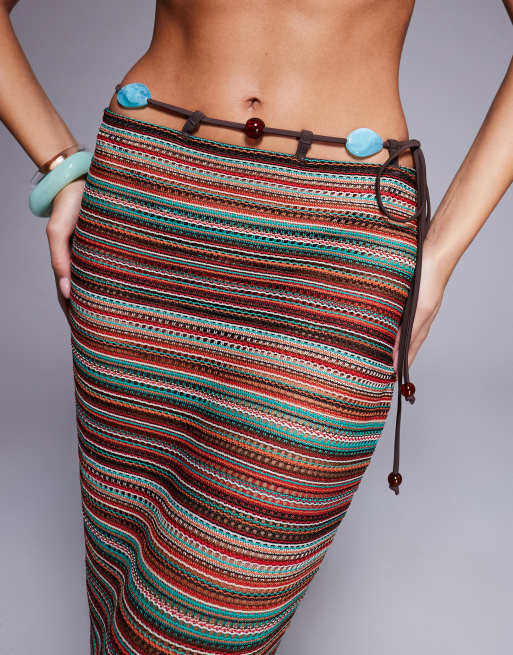 ASOS DESIGN River crochet stripe maxi beach skirt in chocolate stripe, 3 of 5
