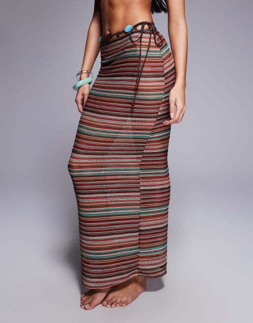 ASOS DESIGN River crochet stripe maxi beach skirt in chocolate stripe, 5 of 5