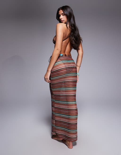 ASOS DESIGN - River - Gonna lunga da mare all'uncinetto color cioccolato a righe, 4 di 5