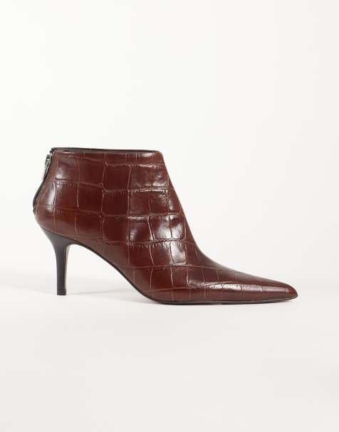 ASOS DESIGN River premium leather pointed heeled ankle boot in brown croc - view 1