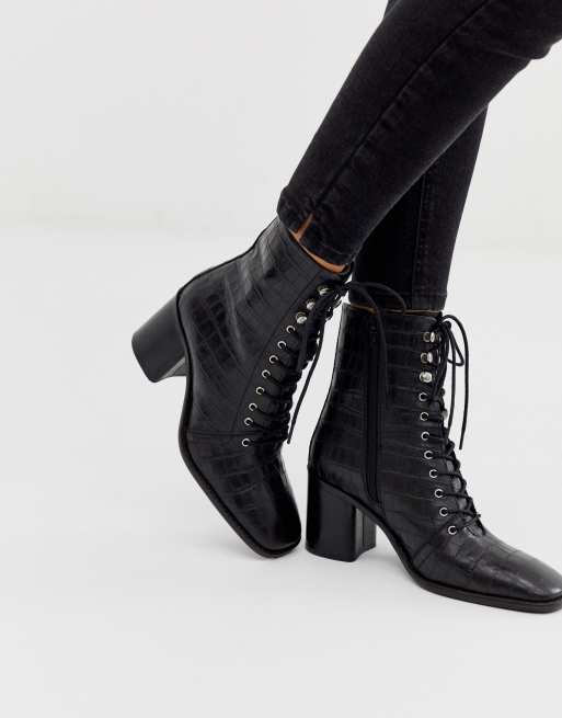 ASOS DESIGN Rivet leather square toe lace up boots in black croc