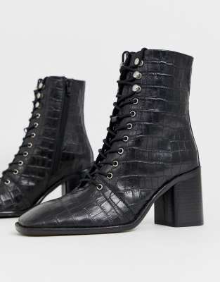 black croc lace up boots